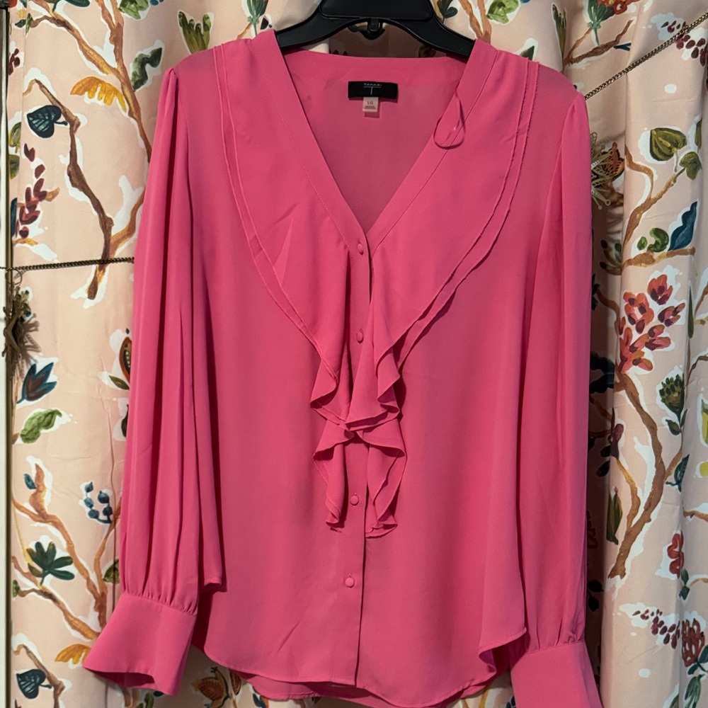 Tahari Vibrant Pink Ruffle Front Blouse